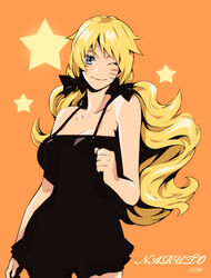  ;) bare_arms bare_shoulders black_dress blonde_hair blue_eyes breasts cleavage closed_mouth collarbone cowboy_shot curly_hair dress facial_mark female fishcake_(qkrito) frilled_dress frills genderswap_(mtf) hand_up large_breasts long_hair looking_at_viewer naruko_(naruto) naruto naruto_(series) one_eye_closed orange_background photoshop_(medium) rule_63 sexy_no_jutsu short_dress simple_background sleeveless sleeveless_dress smile solo spaghetti_strap standing star_(symbol) twintails very_long_hair whisker_markings 