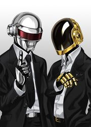  2boys belt belt_buckle black_belt black_necktie black_pants black_suit buckle business_suit collared_shirt commentary_request daft_punk dress_pants dress_shirt formal gloves guy-manuel_de_homem-christo helmet lapels male_focus mask multiple_boys necktie notched_lapels pants peaked_lapels shirt simple_background suit thomas_bangalter tony_(chikaku_kabin) white_background white_shirt wing_collar 