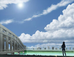  6+boys arakawa_under_the_bridge backlighting bridge cloud commentary_request day female hoshi_(arakawa) ichinomiya_kou iron_brothers_(arakawa) kappa_(arakawa) lens_flare multiple_boys nino_(arakawa) outdoors photoshop_(medium) river scenery shiro_(arakawa) siraha sister_(arakawa) sky skyline sun 