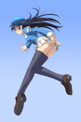  \m/ black_hair blush commentary_request covering_ass covering_privates earrings female flying glasses hat jewelry kazemal long_hair nogami_aoi panties pantyshot photoshop_(medium) skirt skirt_tug solo thighhighs underwear uniform wavy_mouth zettai_karen_children 