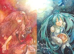  2girls bad_id bad_pixiv_id campanula-star closed_eyes creator_connection happy hatsune_miku hello_planet_(vocaloid) long_hair megurine_luka multiple_girls painting_(medium) pink_hair pot smile songover traditional_media twintails very_long_hair vocaloid wander_last_(vocaloid) watercolor_(medium) 