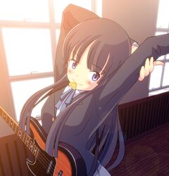  akiyama_mio bass_guitar black_hair blue_eyes blush commentary_request female instrument k-on! kamo_(rsrk) light_rays long_hair mouth_hold plectrum sakuragaoka_high_school_uniform school_uniform solo stretching sunbeam sunlight upper_body 