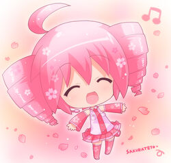  ahoge blush cherry_blossoms chibi commentary_request cosplay drill_hair female hahifuhe hatsune_miku hatsune_miku_(cosplay) headset kasane_teto name_connection object_namesake partial_commentary pink_hair pink_theme sakura_miku sakura_miku_(cosplay) sakura_teto skirt smile solo twin_drills twintails utau vocaloid 