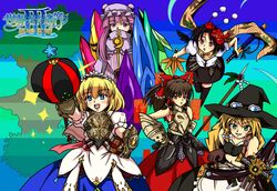  5girls alice_margatroid armor ballista_(sekaiju) commentary_request gastdream_(artist) hakurei_reimu hat kirisame_marisa multiple_girls parody patchouli_knowledge princess_(sekaiju) sekaiju_no_meikyuu sekaiju_no_meikyuu_3 shameimaru_aya shinobi_(sekaiju) touhou zodiac_(sekaiju) 