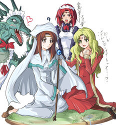  3girls ? apron bad_id bad_pixiv_id blonde_hair brown_eyes brown_hair circlet claws dragon dress echizen_(hvcv) elen_(fire_emblem) eyelashes fire_emblem fire_emblem:_the_binding_blade gold_trim grass guinevere_(fire_emblem) habit heart jewelry long_hair long_sleeves maid maid_headdress mary_janes melady_(fire_emblem) multiple_girls necklace nun photoshop_(medium) red_eyes red_hair shoes short_hair sitting staff sweat translated tryffin_(fire_emblem) wavy_hair yellow_eyes 