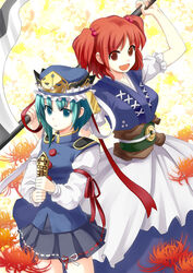  2girls bad_id bad_pixiv_id green_eyes green_hair hair_bobbles hair_ornament hat japanese_clothes multiple_girls onozuka_komachi photoshop_(medium) red_eyes red_hair rod_of_remorse scythe shiki_eiki side_ponytail sigina touhou two_side_up 