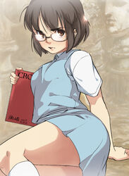  aiba-tsukiko black_hair brown_eyes commentary_request female glasses kneehighs notebook original photoshop_(medium) reclining school_uniform scowl socks solo thighs 