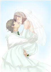  1boy bad_id bad_pixiv_id bare_shoulders border bridal_veil bride brown_hair carrying closed_eyes collared_shirt couple dress earrings elbow_gloves face-to-face female flower formal gloves green_necktie groom hair_flower hair_ornament halter_dress halterneck happy head_wreath highres imminent_kiss jewelry long_dress long_sleeves necktie petals profile protagonist_(tokimemo_gs2) ramta see-through shirt short_hair straight suit tokimeki_memorial tokimeki_memorial_girl&#039;s_side tokimeki_memorial_girl&#039;s_side_2nd_kiss veil wakaouji_takafumi wedding wedding_dress white_border white_dress 