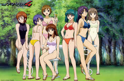  6+girls aqua_hair ass back bikini blue_hair breasts brown_eyes brown_hair cleavage collarbone covered_navel cup doi_shizuha glass hand_on_own_hip highres holding holding_cup honjou_mikaze kikuhara_karin kisaragi_sayaka large_breasts long_hair looking_back medium_breasts mikuriya_ran mukai_touko multiple_girls nakamura_ayamo navel one-piece_swimsuit one_eye_closed open_mouth outdoors purple_eyes purple_hair sandals short_hair shoulder_blades side-tie_bikini_bottom sitting smile standing stratos_4 striped_bikini striped_clothes swimsuit tree twintails yamauchi_noriyasu 