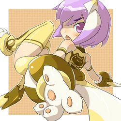  animal_ears busou_shinki commentary_request female kakikukeko leotard partio purple_eyes purple_hair solo thighhighs yellow_leotard 