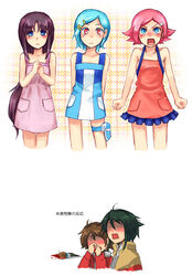  3boys 3girls after_war_gundam_x aged_down another_century&#039;s_episode:_3 apron blood blue_hair blush brown_hair commentary_request crossover embarrassed eureka_(eureka_seven) eureka_seven eureka_seven_(series) gainer_sanga garrod_ran gundam long_hair multiple_boys multiple_girls naked_apron nosebleed overman_king_gainer pink_hair renton_thurston sara_kodama short_hair soramine super_robot_wars super_robot_wars_z super_robot_wars_z1 tiffa_adill 