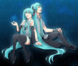  1boy aqua_eyes aqua_hair bad_id bad_pixiv_id boots celestial_s couple detached_sleeves dual_persona female fingerless_gloves genderswap_(ftm) gloves hatsune_miku hatsune_mikuo headset legs long_hair necktie rule_63 skirt smile straight thigh_boots thighhighs twintails very_long_hair vocaloid 