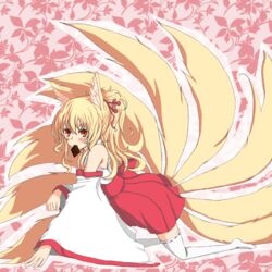  all_fours animal_ears azure_luna bare_shoulders blonde_hair chocolate commentary_request detached_sleeves female fox_ears fox_tail hair_ornament hairpin highres long_hair mouth_hold multiple_tails orange_eyes original ponytail solo tail thighhighs white_thighhighs zettai_ryouiki 