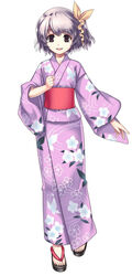  brown_eyes cross_edge female floral_print full_body grey_hair hirano_katsuyuki japanese_clothes kimono long_sleeves may_(cross_edge) official_art open_mouth pink_kimono sandals short_hair simple_background solo white_background 