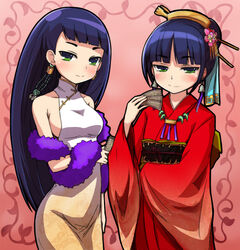  2girls bare_shoulders bell black_hair blue_hair china_dress chinese_clothes commentary_request dress earrings feather_boa green_eyes hair_bun hair_ornament jewelry multiple_girls napier napier&#039;s_sister necklace negija sekaiju_no_meikyuu sekaiju_no_meikyuu_3 single_hair_bun 