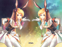  2girls animal_ears aqua_eyes bad_id bad_pixiv_id blonde_hair boots chiester410 chiester410_(cosplay) chiester45 chiester45_(cosplay) chiester_sisters cosplay hortense_(sound_horizon) long_hair multiple_girls photoshop_(medium) roman_(sound_horizon) showgirl_skirt siblings skirt sound_horizon thighhighs twins umineko_no_naku_koro_ni uniform violette_(sound_horizon) yeruen 