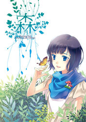  black_hair blue_eyes blue_scarf bug butterfly commentary_request female mushroom original scarf short_hair solo takigawa_yuu 