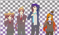  2boys 2girls bad_id bad_pixiv_id blue_eyes drill_hair eyepatch formal genderswap_(ftm) gradient_hair hat heterochromia kasane_ted kasane_teto long_hair mini_hat mini_top_hat multicolored_hair multiple_boys multiple_girls namine_ritsu necktie orange_hair otoko_no_ko pant_suit pants red_eyes red_hair rule_63 standing suit sukoyaka_(100hituzi) top_hat twin_drills twintails utau vippaloid yokune_ruko 