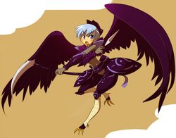  bird_legs blue_eyes blue_hair busou_shinki commentary_request feathered_wings feathers female flying fubuki_(busou_shinki) half-harpy kakikukeko monster_girl scythe solo weapon wings 