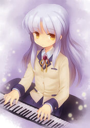  angel_beats! blazer blue_hair commentary_request female instrument jacket photoshop_(medium) piano solo tachibana_kanade yellow_eyes zhuo_mi 