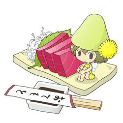  barefoot chopsticks commentary_request daikon female fish_(food) flower food hat kabiinyo_(kab) leaf lowres mamezara mini_person minigirl original plate radish sashimi solo soy_sauce wasabi wings 