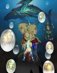  4boys 6+girls blackpearl blonde_hair brown_hair character_request commentary_request elazul esmeralda_(lom) florina_(lom) green_eyes green_hair hair_ornament hair_over_one_eye imu_(lom) lady_pearl legend_of_mana long_hair mimizou multiple_boys multiple_girls rubens sandra seiken_densetsu tears toto_(lom) whale 