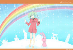  ame_nochi_sweet_drops_(vocaloid) commentary_request female green_eyes green_hair hatsune_miku highres itsukushima_shrine jacket kinkaku-ji leaning_tower_of_pisa legs photoshop_(medium) powhu rabbit rain rainbow ryoubu_torii smile solo statue_of_liberty sydney_opera_house twintails umbrella vocaloid 