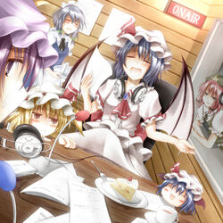  5girls bat_wings blonde_hair blue_eyes blue_hair braid cake commentary_request flandre_scarlet food fork grey_hair headphones hong_meiling izayoi_sakuya long_hair maid maid_headdress md5_mismatch microphone multiple_girls pastry patchouli_knowledge purple_eyes purple_hair radio_booth red_eyes red_hair remilia_scarlet shiroino_(shirayuki_mutsuki) short_hair side_ponytail touhou twin_braids wings yukkuri_shiteitte_ne 