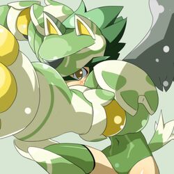  animal_ears animal_hands busou_shinki commentary_request female green_hair green_leotard howling_(busou_shinki) kakikukeko leotard solo tail thighhighs yellow_eyes 