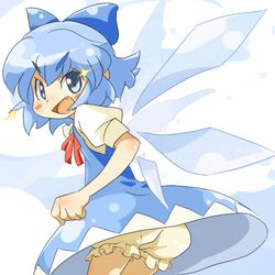  :d bloomers blue_bow blue_dress blue_eyes blue_hair blush bow cirno commentary dress fangs female hairbow kakikukeko neck_ribbon oerba_yun_fang open_mouth puffy_short_sleeves puffy_sleeves red_ribbon ribbon short_sleeves smile solo sparkle touhou underwear wings 