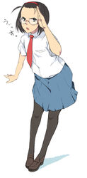  aiba-tsukiko angry antenna_hair commentary_request copyright_request female forehead ganbare_genki glasses hairband hands highres leaning_forward necktie pantyhose photoshop_(medium) salute school_uniform simple_background solo 