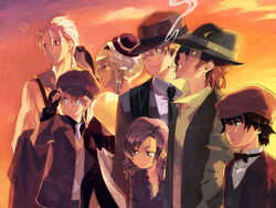  2girls 5boys bird blonde_hair blue_eyes bow bowler_hat bowtie brown_hair cabbie_hat cigarette commentary cosplay drill_hair earrings english_commentary fedora fingerless_gloves formal glasses gloves green_eyes hairband hat jewelry juby mini_hat multiple_boys multiple_girls necktie orange_eyes original purple_hair red_eyes smoking suit sunset suspenders traditional_bowtie 