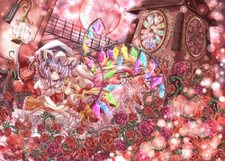  2girls alternate_wings analog_clock blonde_hair bow bowed_wings clock clock_tower commentary_request cross flandre_scarlet flower hair_ornament haru_ion hat highres hug lantern large_wings light_purple_hair moon multiple_girls purple_eyes red_eyes red_moon red_theme remilia_scarlet rose short_hair siblings side_ponytail sisters touhou tower wing_ribbon wings 