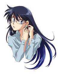  adjusting_earrings black_hair blue_eyes blue_hair commentary_request dress_shirt earrings female glasses jewelry kazemal long_hair no_headwear nogami_aoi photoshop_(medium) putting_on_earrings putting_on_jewelry shirt solo zettai_karen_children 