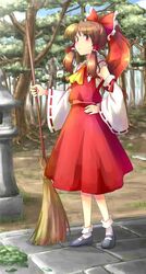  bow brown_hair commentary_request detached_sleeves female hairbow hakurei_reimu hand_on_own_hip hanjuku_tomato leaf long_hair mary_janes ponytail red_bow red_eyes red_skirt ribbon shoes skirt solo standing stone_lantern touhou tree 