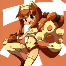  animal_ears animal_hands brown_eyes brown_hair busou_shinki commentary_request female kakikukeko leotard navel oerba_yun_fang pomock solo tail thighhighs yellow_leotard 