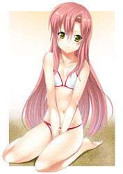  bare_arms bare_legs bare_shoulders barefoot between_legs bikini blush border breasts closed_mouth collarbone commentary english_commentary expressionless female full_body gradient_background hair_between_eyes hand_between_legs hayate_no_gotoku! katsura_hinagiku kneeling long_hair navel photoshop_(medium) pink_hair small_breasts solo swimsuit un4lord v_arms very_long_hair white_bikini white_border yellow_eyes 