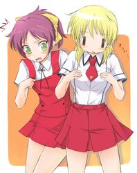  2girls ^^^ baka_to_test_to_shoukanjuu blonde_hair blush breast_envy commentary_request cosplay costume_switch crossover fumizuki_academy_school_uniform green_eyes hidamari_sketch kuuyuu looking_at_breasts miyako_(hidamari_sketch) mizuhashi_kaori multiple_girls necktie ponytail red_hair school_uniform shimada_minami skirt translated voice_actor_connection yamabuki_high_school_uniform |_| 