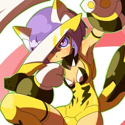  animal_hands busou_shinki commentary_request female kakikukeko leotard mecha_musume partio purple_eyes purple_hair short_hair solo thighhighs weapon yellow_leotard 