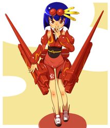  bike_shorts blue_hair brown_eyes busou_shinki commentary_request female japanese_clothes kakikukeko kimono kohiru mecha_musume red_kimono solo 