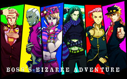  6+boys abs arms_up battle_tendency belt blonde_hair blue_eyes brown_eyes chains column_lineup commentary_request cosplay covering_face dark-skinned_male dark_skin diamond_wa_kudakenai dio_brando enrico_pucci fingerless_gloves gakuran giorno_giovanna giorno_giovanna&#039;s_pose_(jojo) giorno_giovanna_(cosplay) gloves green_hair hat higashikata_josuke higashikata_josuke_(cosplay) honchu horns jojo_no_kimyou_na_bouken jojo_pose jonathan_joestar jonathan_joestar&#039;s_pose_(jojo) jonathan_joestar_(cosplay) joseph_joestar joseph_joestar_(young) joseph_joestar_(young)_(cosplay) kars_(jojo) kira_yoshikage kujo_jolyne kujo_jolyne_(cosplay) kujo_jotaro kujo_jotaro_(cosplay) long_hair male_focus midriff multiple_boys muscular muscular_male pectorals pelvic_curtain phantom_blood pink_eyes pink_hair pointing red_eyes scarf school_uniform standing stardust_crusaders stone_ocean striped_clothes striped_scarf sweatdrop vento_aureo vinegar_doppio white_hair 