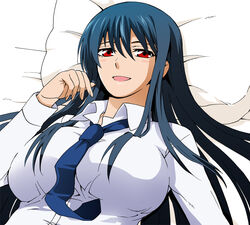  bad_id bad_pixiv_id blue_hair breasts diamond_cut_diamond female large_breasts long_hair lying necktie on_back open_clothes open_shirt original pillow red_eyes shigyou_yuuyami shirt solo taguchi_kenji_(omaep) upper_body white_shirt 