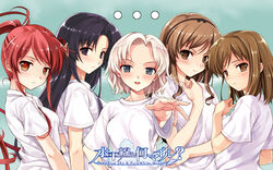  5girls :&lt; blush foreshortening hanami_mariya highres koga_sayoko looking_back misaki_kurehito miyamae_tomoka multiple_girls nakano_hinata outstretched_arm outstretched_hand reaching suiheisen_made_nan_mile? tsuyazaki_kokage 