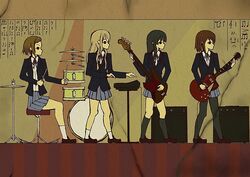  4girls accent_mark akiyama_mio amplifier ashiyu_(ashmouautz) bass_clef bass_guitar beamed_eighth_notes beamed_sixteenth_notes black_hair black_pantyhose black_socks blazer blonde_hair brown_hair commentary_request cymbals dotted_quarter_note drum drum_set drumsticks egyptian egyptian_art eighth_note electric_guitar fermata fine_art_parody flat_sign ghost_note guitar hairband half_note half_rest hieroglyphics hirasawa_yui instrument jacket k-on! keyboard_(instrument) kotobuki_tsumugi long_hair multiple_girls music musical_note pantyhose parody quarter_note quarter_rest sakuragaoka_high_school_uniform school_uniform sharp_sign shoes simile_mark sixteenth_rest socks staccato tainaka_ritsu treble_clef white_legwear whole_rest 