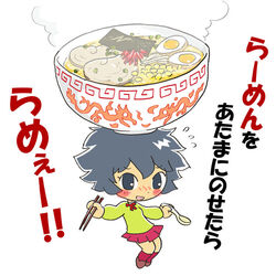  balancing balancing_on_head benishouga bow chopsticks commentary_request egg female food food_on_head kabiinyo_(kab) meandros noodles nori_(seaweed) object_on_head original pun ramen simple_background solo spoon translated 