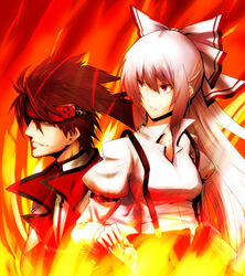  1boy bow commentary_request female fire fujiwara_no_mokou grey_hair guilty_gear hairbow hiroya_juuren long_hair order-sol power_connection red_eyes sol_badguy suspenders touhou 