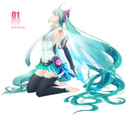  ahoge anklet aqua_hair barefoot bridal_gauntlets closed_eyes commentary_request feet female hatsune_miku hatsune_miku_(append) highres jewelry kneeling long_hair mashibaya necktie solo thighhighs toeless_legwear twintails very_long_hair vocaloid vocaloid_append wings 