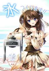  blue_eyes brown_hair commentary_request fantasy_earth_zero female food greek_text horns ice ice_shaver magic_circle miyase_mahiro mundane_utility panties pantyshot photoshop_(medium) shaved_ice smile solo underwear 