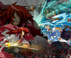  1boy battle blue_choker blue_eyes blue_hair blue_skirt bow brooch cape choker clover commentary_request cure_marine duel female hairbow heart heart_brooch heartcatch_precure! jewelry kumojacky kurumi_erika long_hair magical_girl precure red_eyes red_hair shirakawa_(whitemist) skirt sword thighhighs weapon zettai_ryouiki zoom_layer 