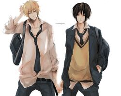  2boys axis_powers_hetalia backpack bag bambino black_eyes black_hair blonde_hair casual commentary_request green_eyes holding_hands japan_(hetalia) male_focus multiple_boys necktie united_kingdom_(hetalia) 